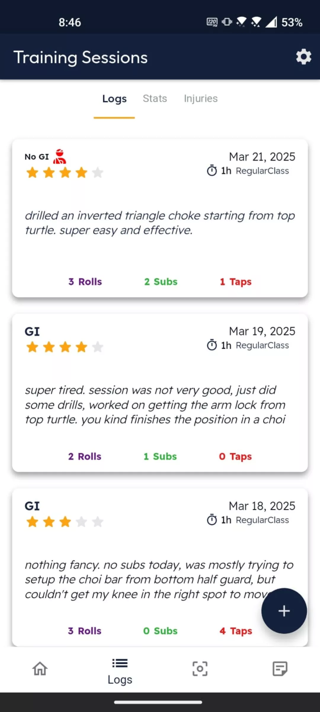 BJJ Notes App Screen